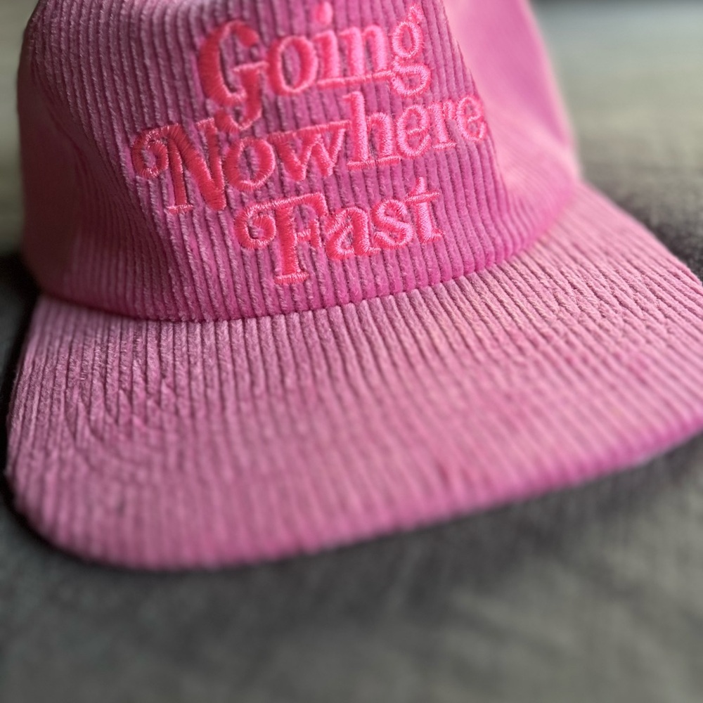 Pink Corduroy Cap with 'Going Nowhere Fast' Embroidery